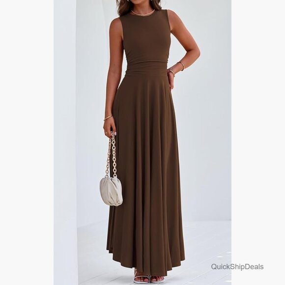 Sleeveless Crewneck A-Line Maxi Dress Stretch Tank Flowy Long Dress - Picture 2 of 7